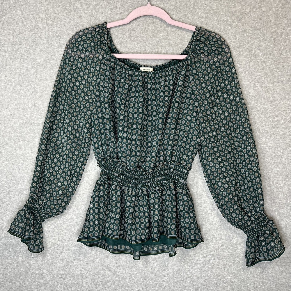 Max Studio Green Geometric Print Peplum Blouse M Boho Smocked Elastic Waist (32)